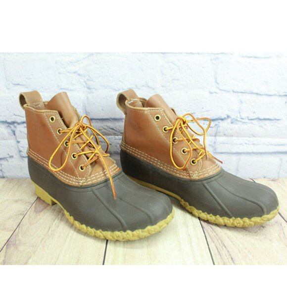 LL Bean Brown Leather Lace Up Round Toe Unlined Ankle Duck Boots Size 9 M - Picture 3 of 10